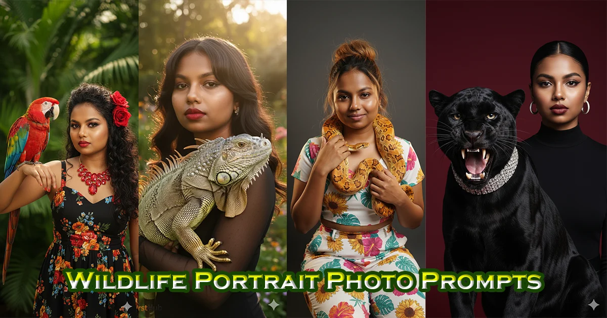 Exotic Wildlife Woman Portrait Photography Prompt – Tigers, Elephants, Panthers, Giraffes & More