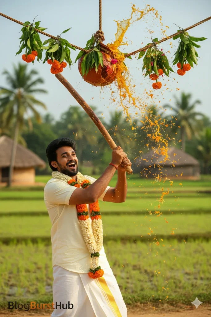 Man breaking Pongal pot with stick in a rural field during festival celebration
