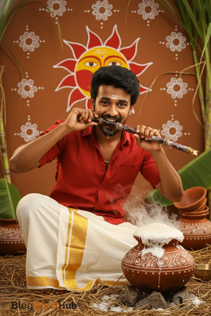Man tasting sugarcane beside boiling Pongal pot on traditional stove