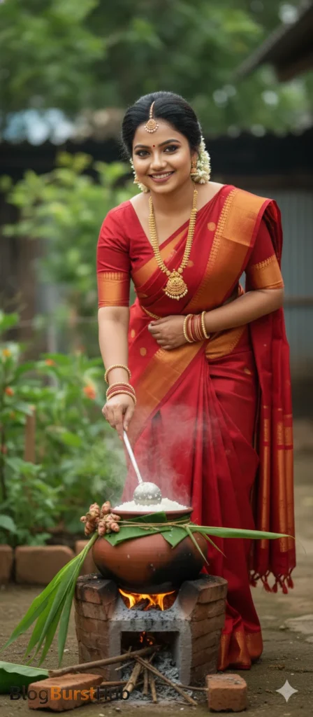 Woman cooking Pongal on traditional stove in red saree
