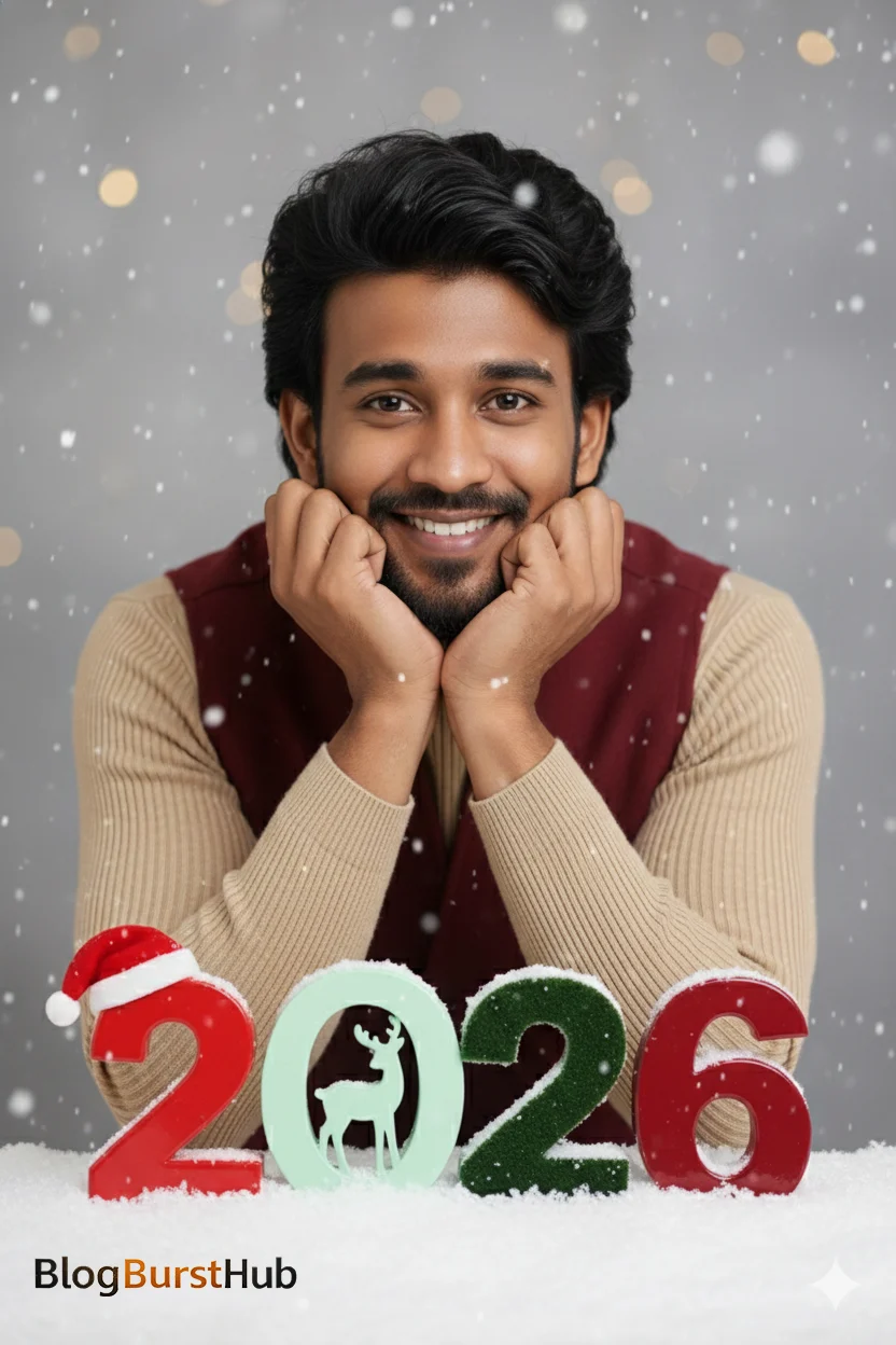 Cozy New Year 2026 Holiday Portrait with Snow Effect
