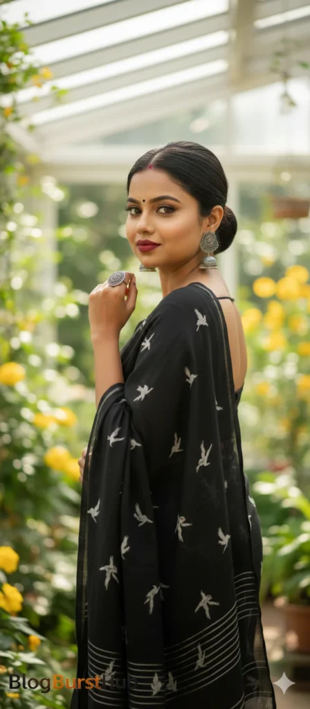 2026 trending black saree AI photo prompt with minimal print and modern outdoor styling