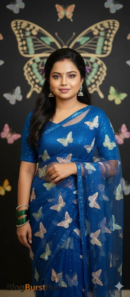 2026 trending blue saree AI photo prompt with artistic butterfly design and modern fashion styling