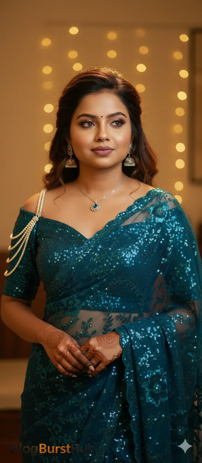 2026 trending blue sequin saree AI photo prompt with modern blouse and party wear styling