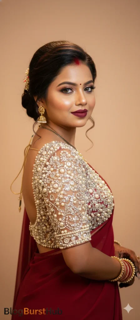 2026 trending burgundy red saree AI photo prompt with modern blouse design and luxury styling