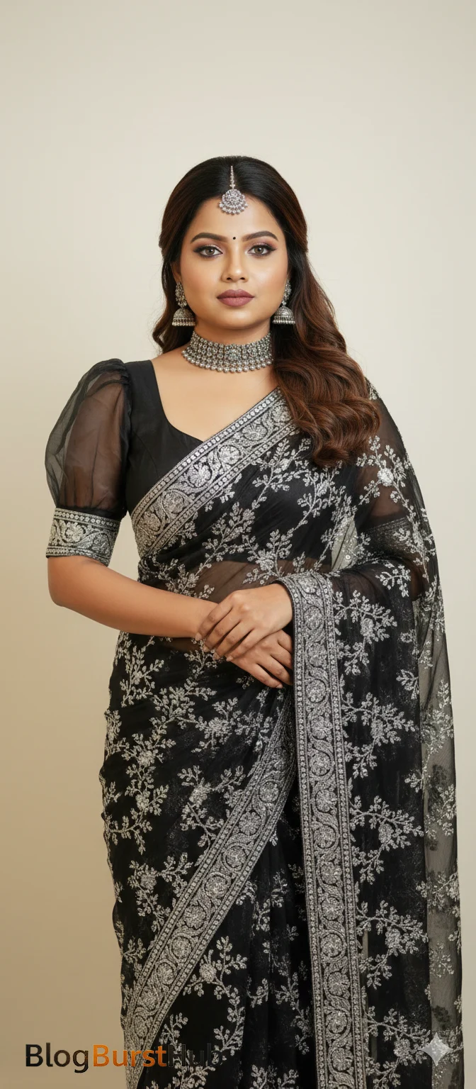 2026 trending black embroidered saree AI photo prompt with intricate detailing and modern fashion style