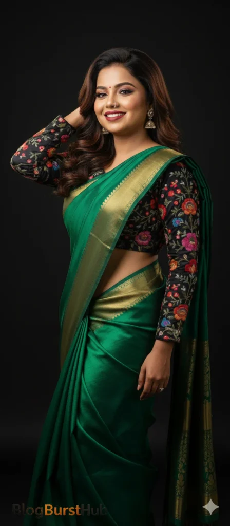 2026 trending green saree AI photo prompt with full hand embroidered blouse and modern designer styling