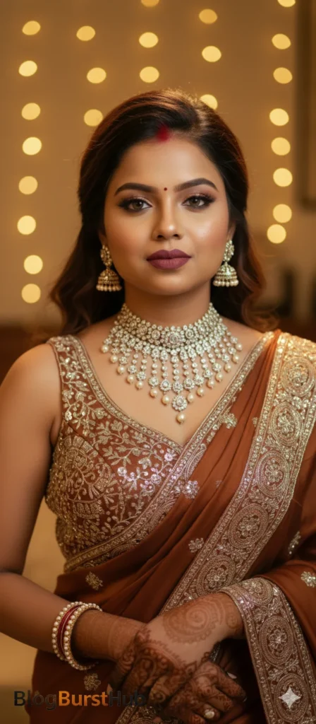 2026 luxury designer saree AI photo prompt featuring a modern brown saree with heavy bridal jewelry and elegant makeup