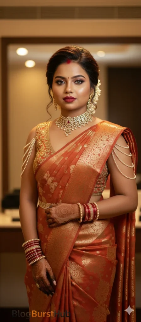 2026 trending orange sleeveless saree AI photo prompt with modern draping and designer blouse