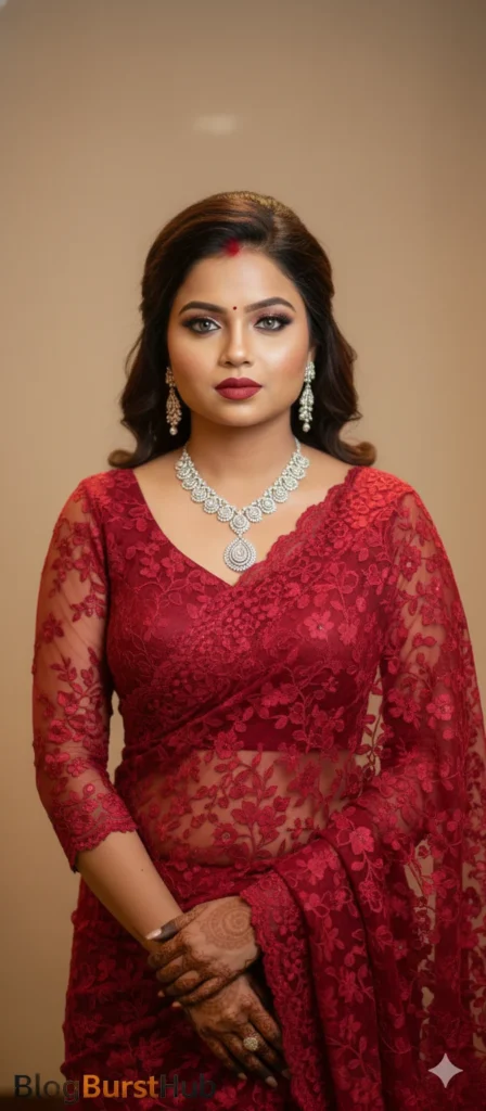 2026 trending red saree AI photo prompt featuring modern design, elegant draping, and bridal styling