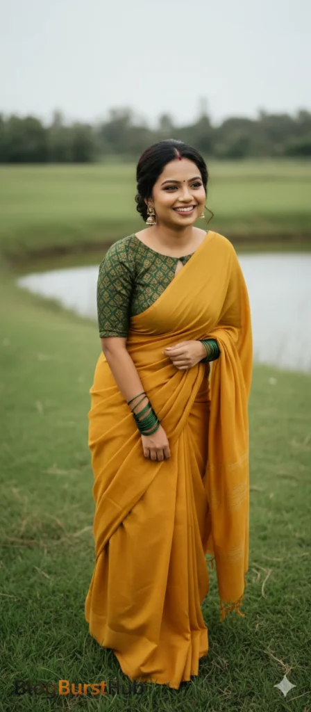 2026 trending yellow saree AI photo prompt with simple draping and natural outdoor styling
