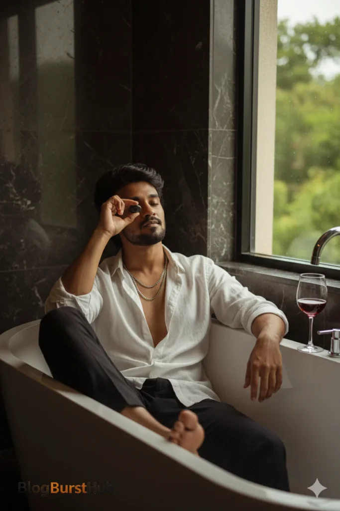 Luxury bathroom bathtub photoshoot of a man relaxing in a cinematic lifestyle setting