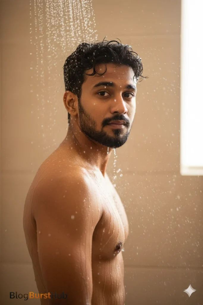 Luxury bathroom shower photoshoot of a man under running water in cinematic lighting