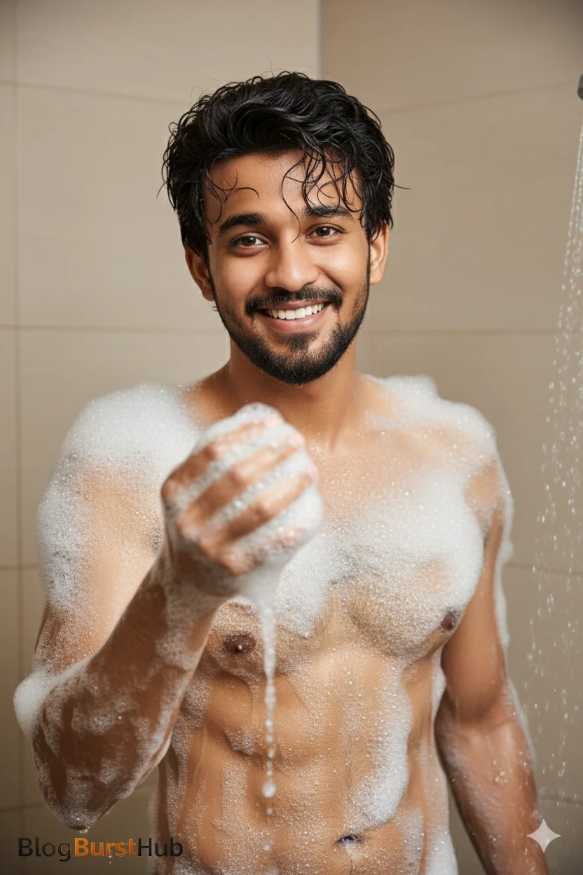Luxury bathroom photoshoot of a man bathing with soap under soft cinematic lighting