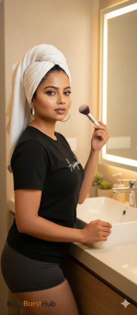 Luxury bathroom photoshoot of a woman applying makeup in front of a modern mirror