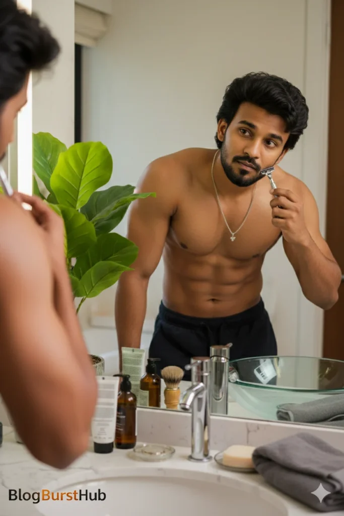 Luxury bathroom photoshoot of a man shaving in front of a mirror with realistic lifestyle details