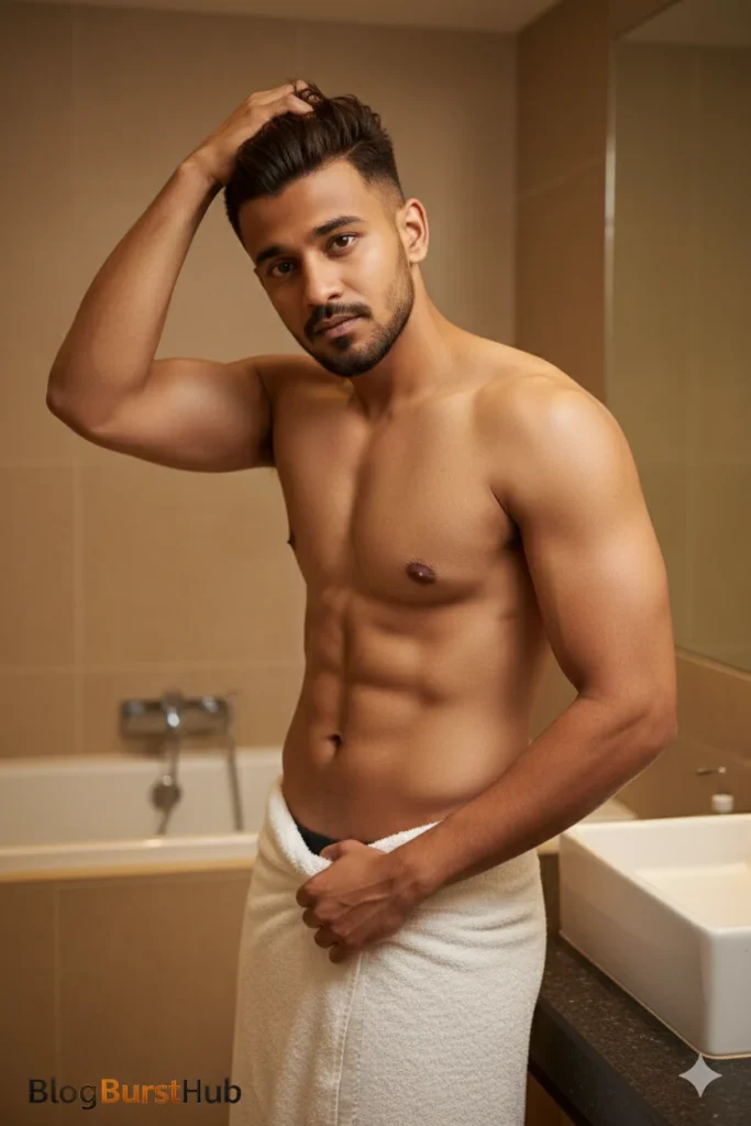 Luxury bathroom photoshoot of a man showing muscle definition in a modern bathroom setting