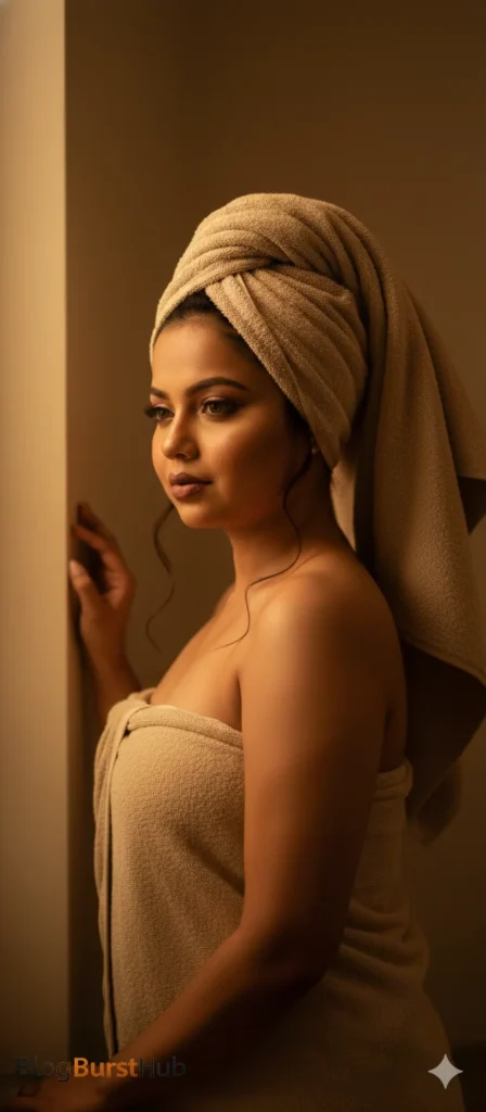 Luxury bathroom photoshoot of a woman tying a wet towel in a soft cinematic setting