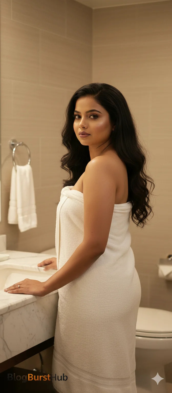 Luxury bathroom photoshoot of a woman wrapped in a white towel in a modern interior