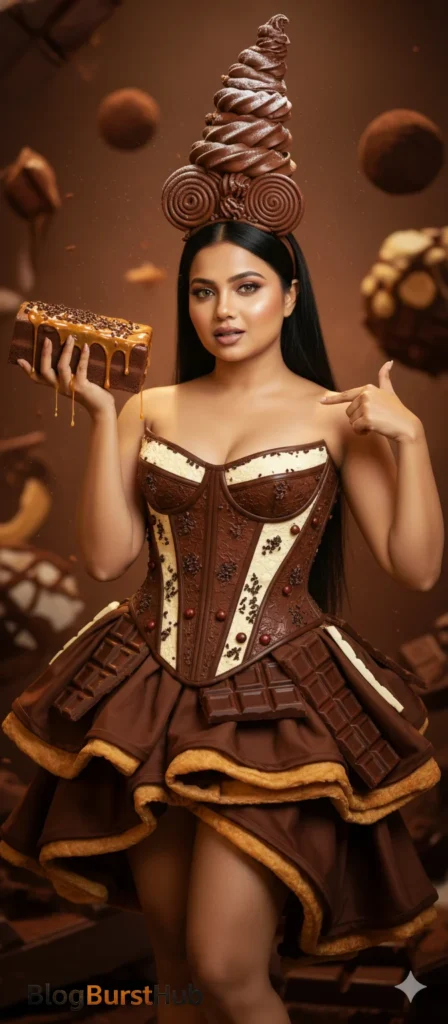 Dark chocolate candy world fantasy with a woman wearing a cake-inspired outfit and cinematic lighting