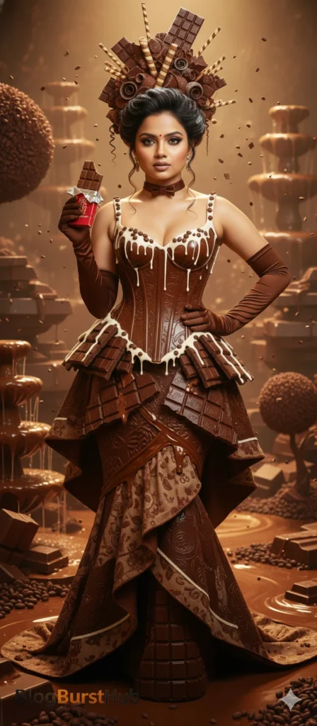 Chocolate-themed candy world fantasy portrait with a woman wearing a chocolate-inspired dress and dramatic lighting