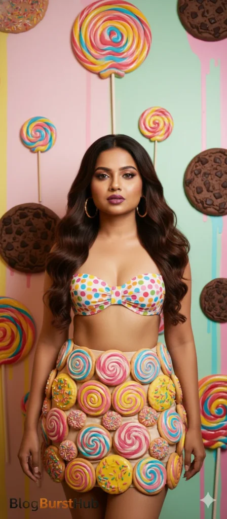 Candy world fantasy fashion image with a cookie-themed outfit and colorful dessert background generated by AI