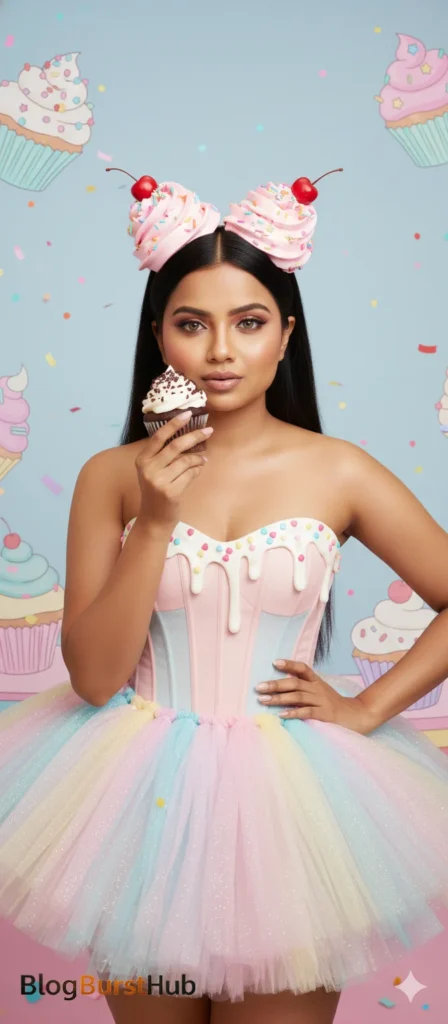 Candy world fantasy image of a woman wearing a cupcake-inspired dress with pastel colors and AI-generated detail