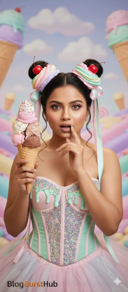 Candy world fantasy portrait of a woman holding an ice cream cone wearing a pastel dessert-inspired outfit generated with AI