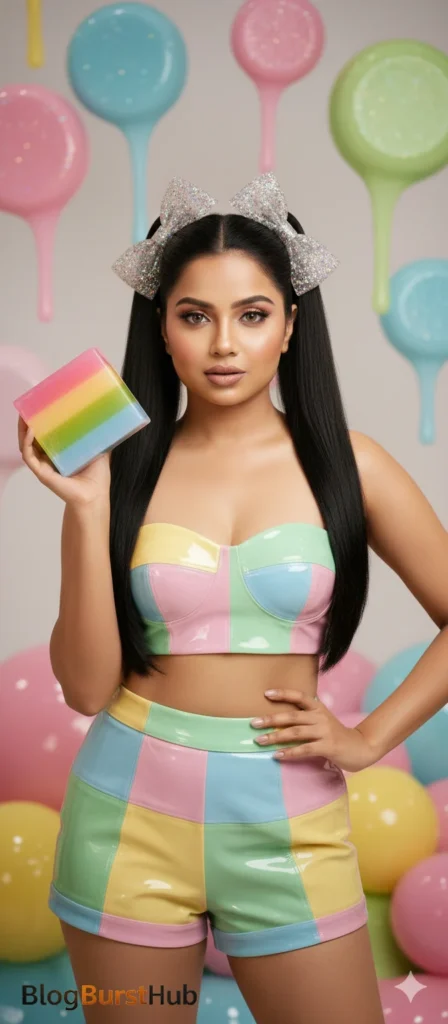 Futuristic candy world fantasy outfit inspired by jelly candy blocks with ultra-detailed AI art style