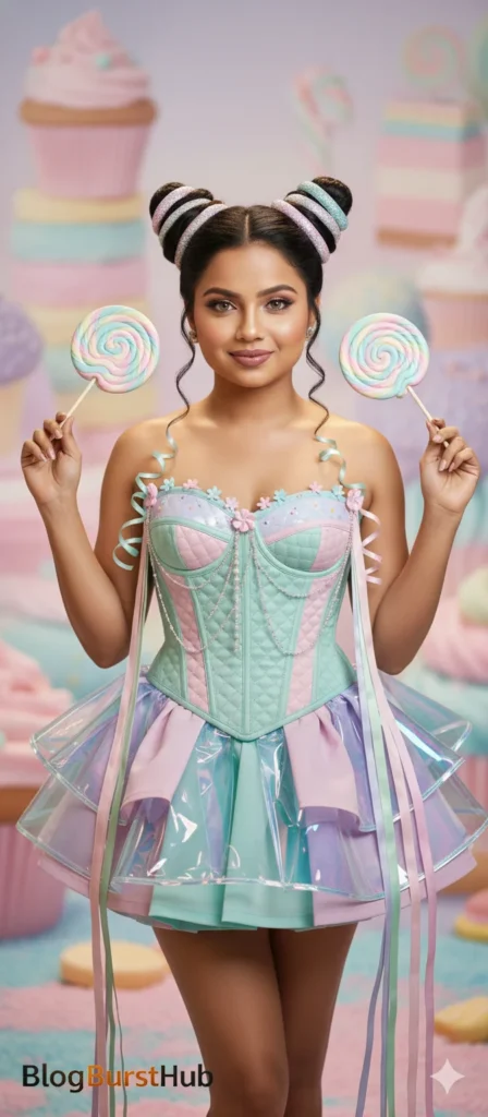 Candy world fantasy portrait of a woman holding lollipops wearing a pastel candy-inspired dress