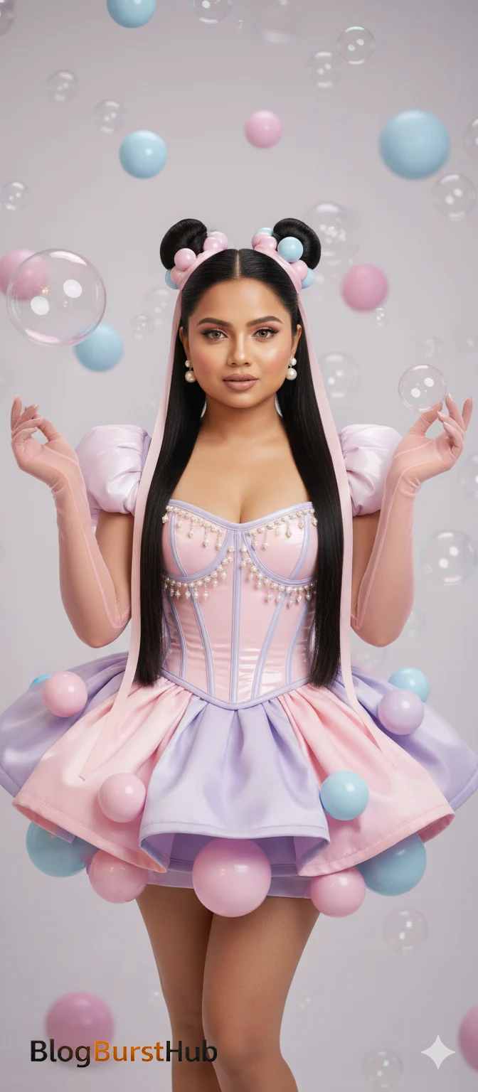 Pastel candy world fantasy with a woman wearing a soft pink dress surrounded by floating candy bubbles
