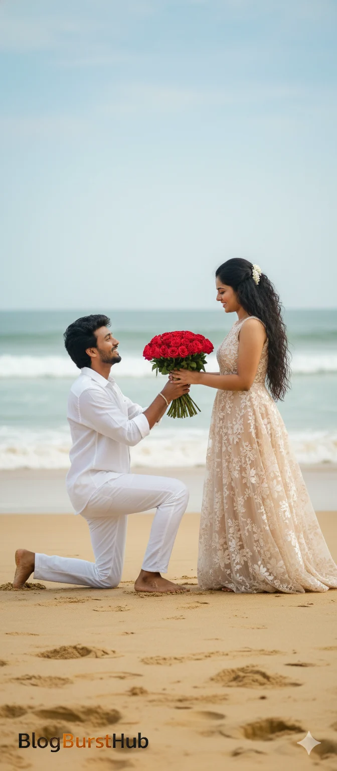 Romantic beach proposal scene with a couple on Valentine’s Day