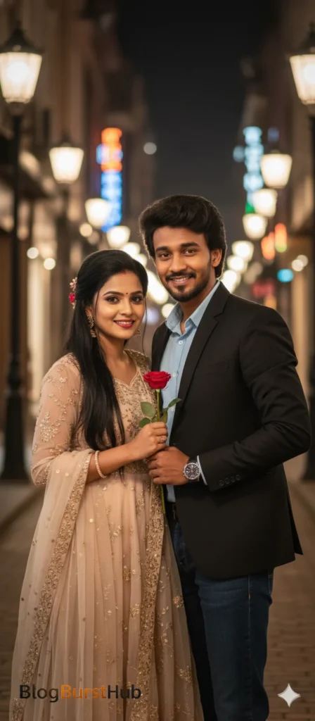 Romantic couple standing together in a softly lit evening street scene