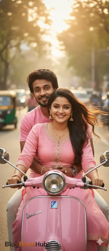 Happy romantic couple riding a scooter together on Lover’s Day