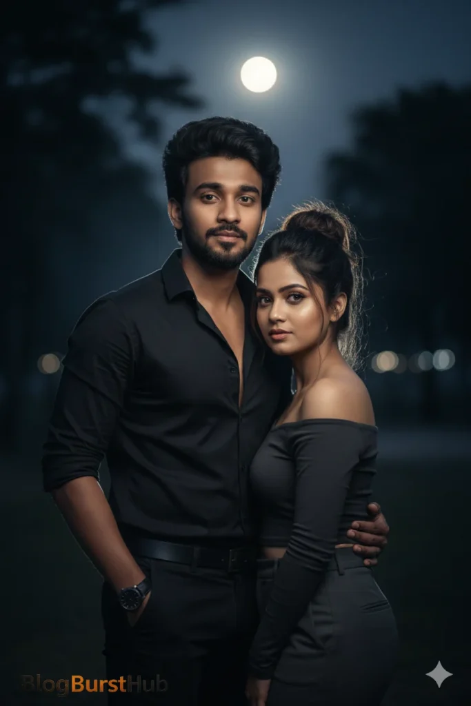 Elegant romantic couple portrait at night with moonlight for Lover’s Day photo prompt