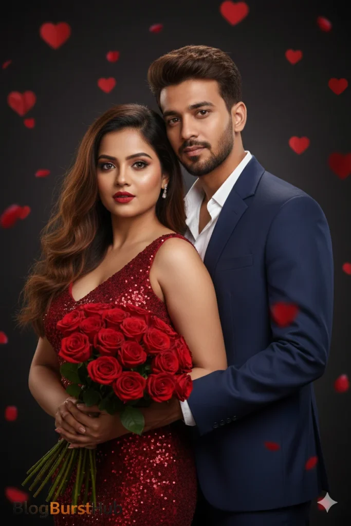 Elegant romantic couple portrait for Feb 14 Lover’s Day photo prompt