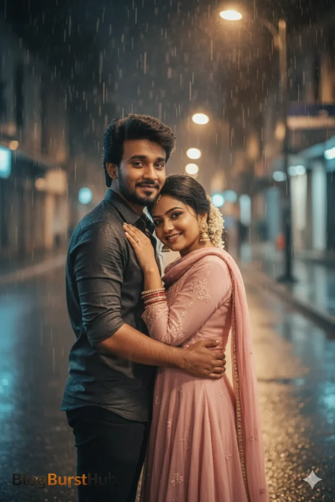 Romantic couple embracing in the rain during a Valentine night scene
