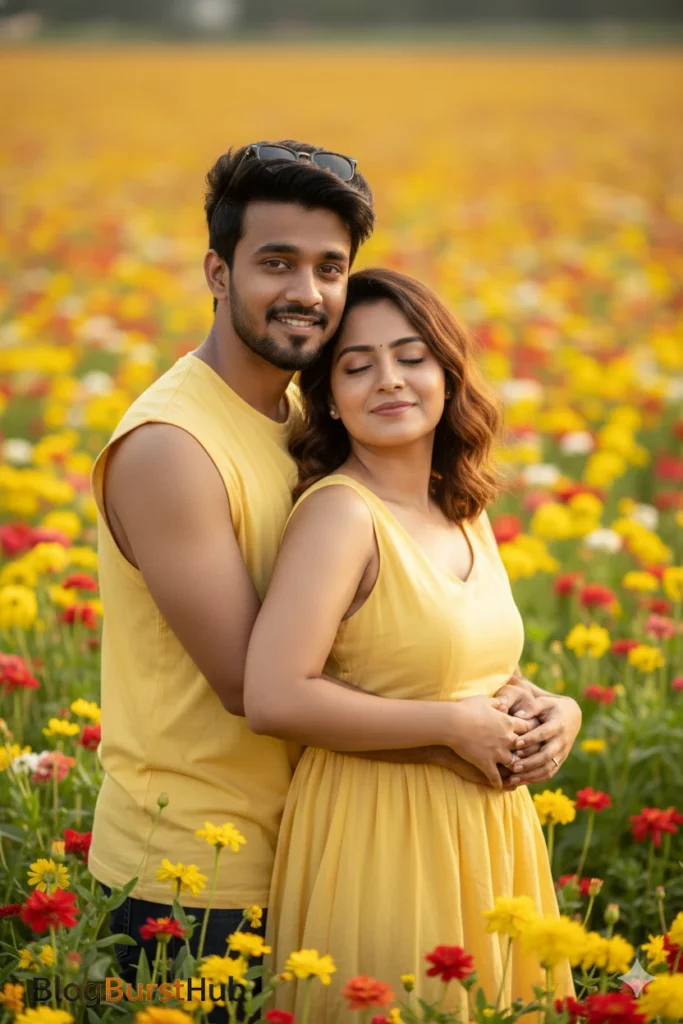 Romantic couple posing in a colorful rose garden on Valentine’s Day