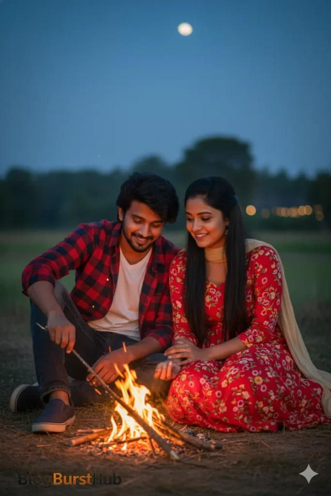 Romantic couple sitting by a warm campfire under the moonlight on Feb 14 Lover’s Day