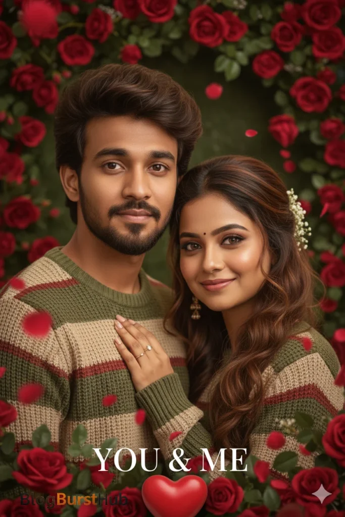 Romantic Valentine couple surrounded by red roses and heart-shaped love decor