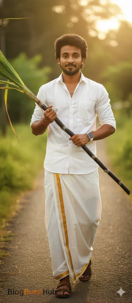 Traditional Pongal look of a man holding sugarcane stick, wearing white veshti and shirt, rural background, AI generated.