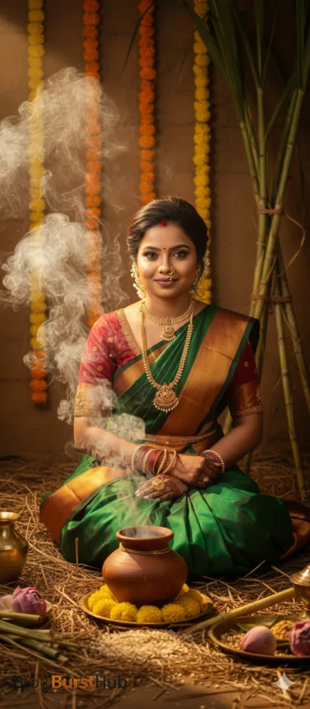 Cinematic indoor Pongal ritual scene with steam rising from clay pot, festive garlands, and traditional South Indian attire, created using Gemini AI.