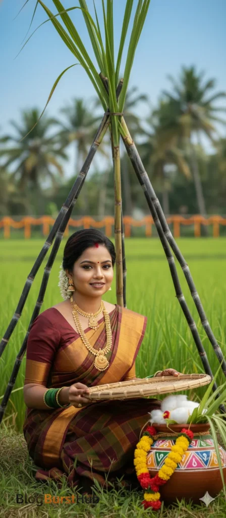 Traditional Pongal photoshoot of a South Indian woman in silk saree holding Pongal pot in lush green paddy fields, AI generated using Gemini AI.