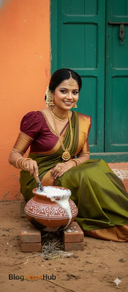 Pongalo Pongal ritual scene with overflowing Pongal pot, traditional kolam, silk saree, and festive setting, AI generated.