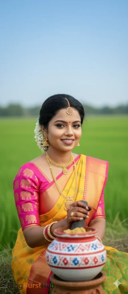 Village-style Pongal photoshoot of a woman in traditional saree preparing Pongal outdoors with sugarcane fields in the background, AI generated.