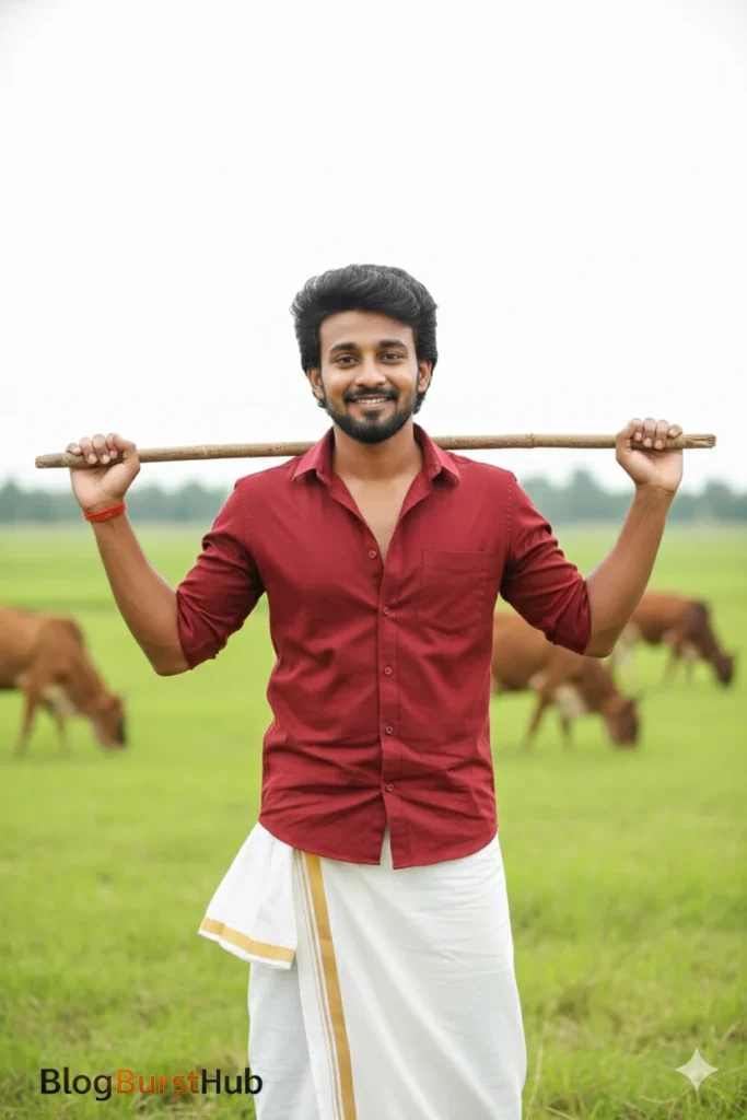 Rural village Pongal photoshoot featuring a farmer with traditional tools, farmland background, AI generated using Gemini AI.