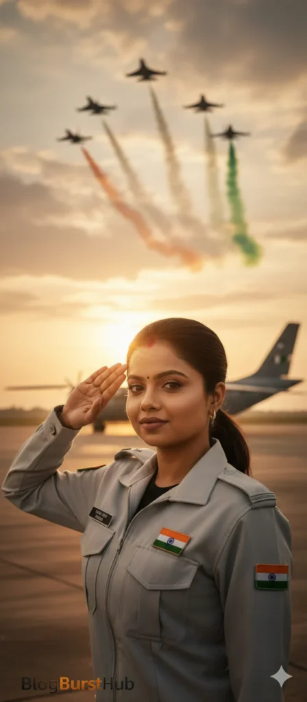 Indian Republic Day AI image of an air force officer saluting with fighter jets and tricolor smoke