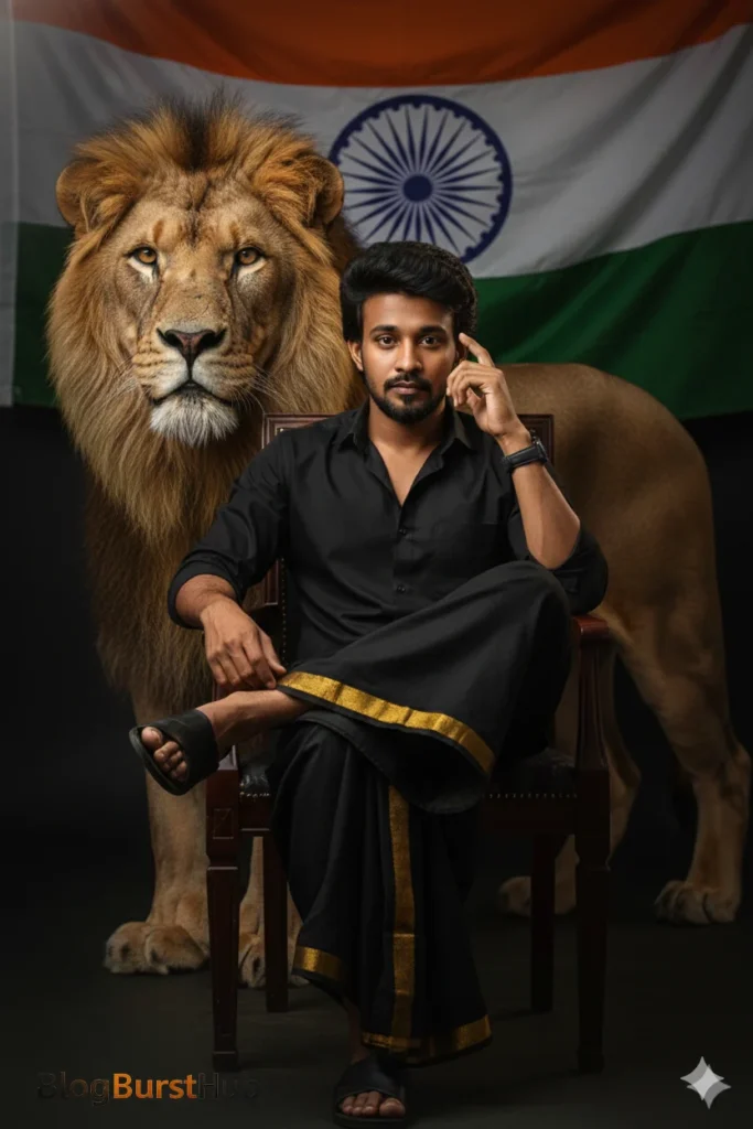 Indian Republic Day photo prompt showing a man in black dhoti with lion and Indian flag background