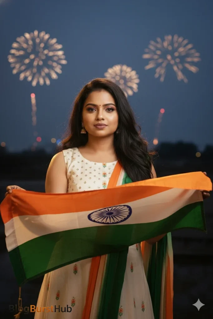 Indian Republic Day photo prompt of a woman holding the tricolor flag with fireworks in the background