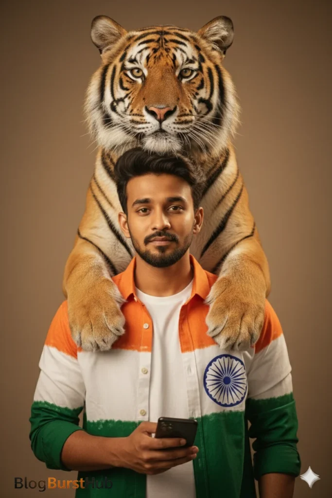Indian Republic Day photo prompt showing an indoor patriotic portrait with tricolor wing artwork